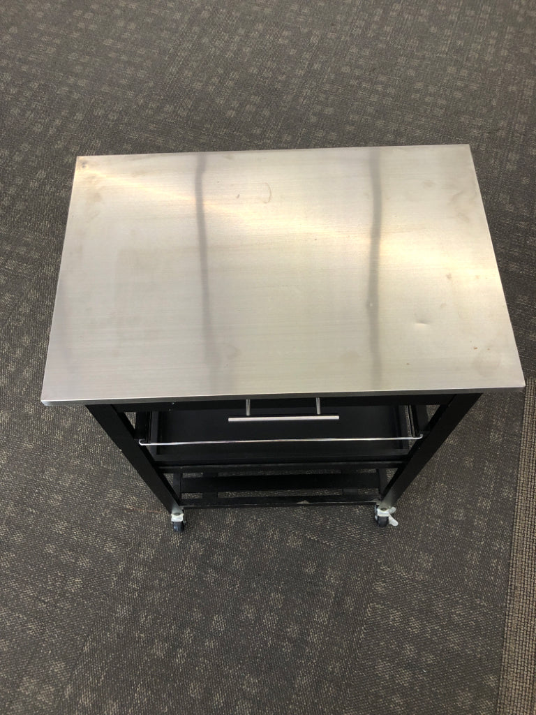 BLACK W STAINLESS STEEL METAL CART ON WHEELS.