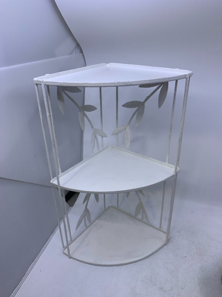 METAL 3 TIER PAINTED WHITE CORNER SHELF.