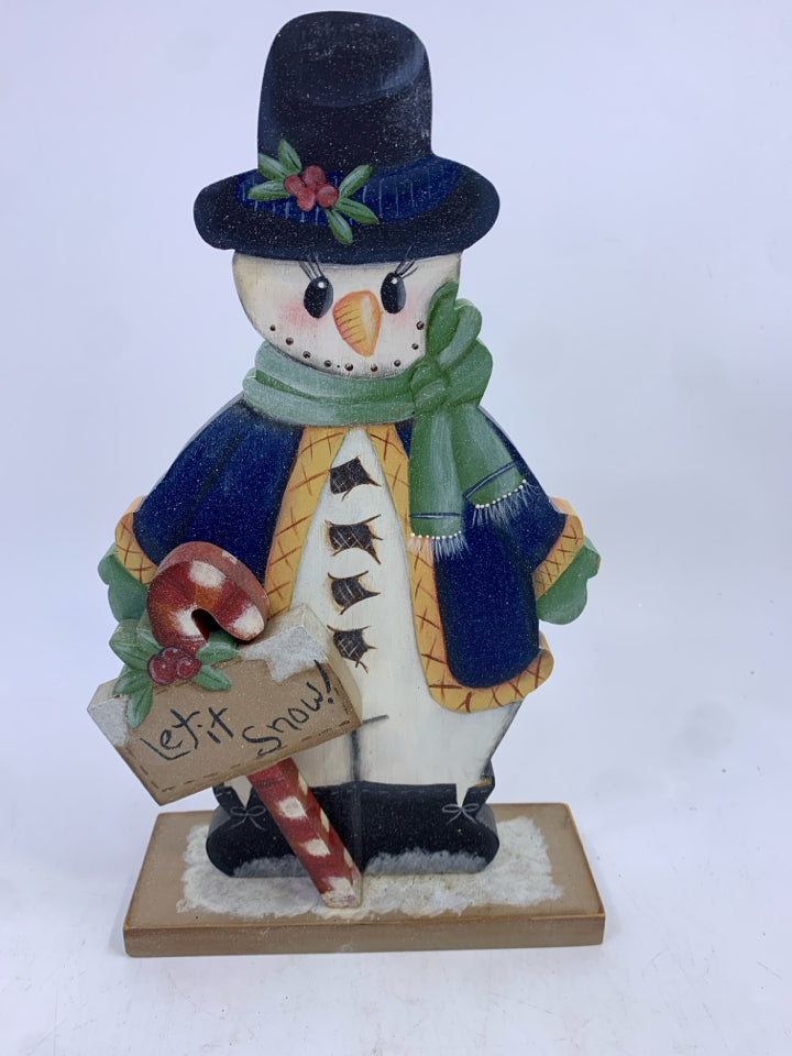 WOOD SNOWMAN BLUE COAT CANDY CANE "LET IT SNOW".