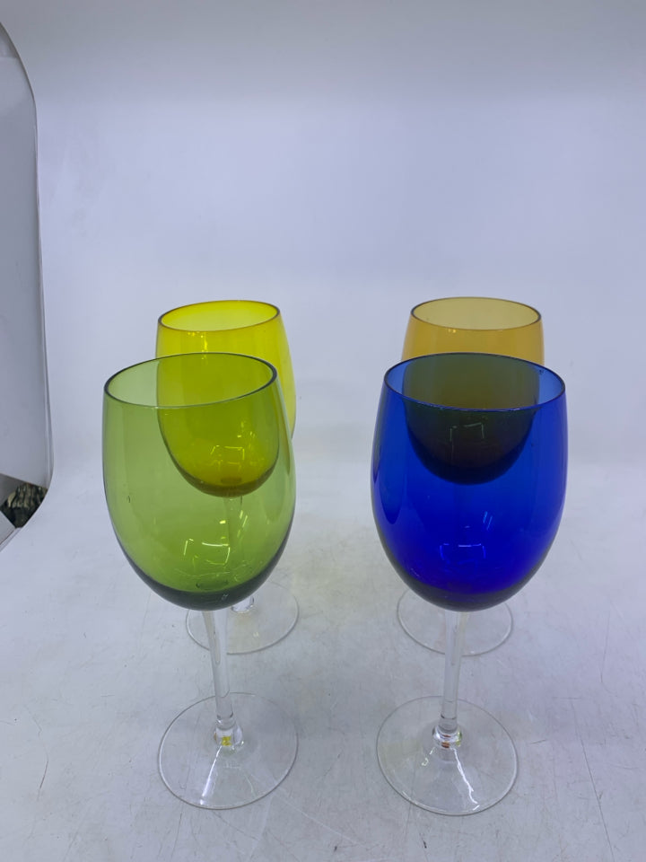 4 ASSORTED COLORED WINE GLASSES.