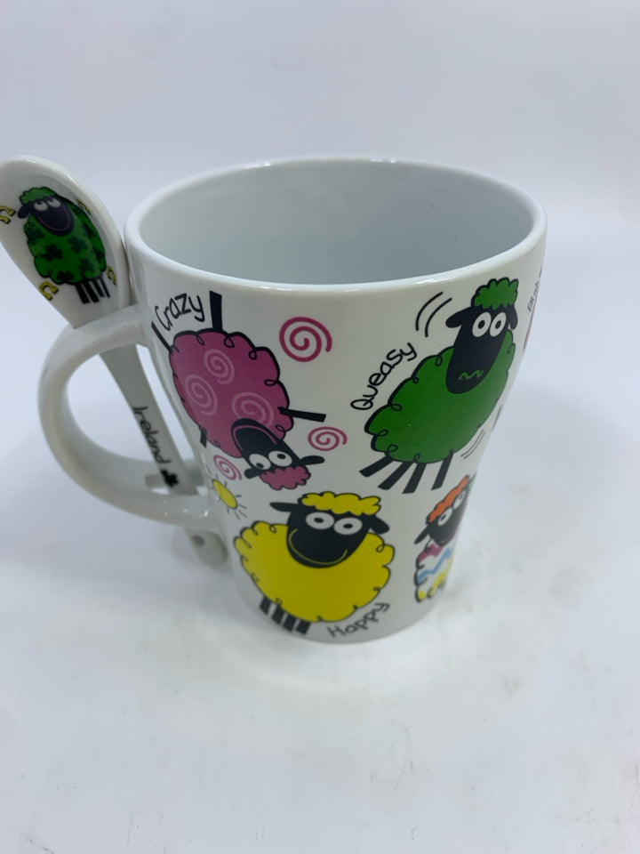 2PC WACKY WOOLLIES IRELAND COLORFUL SHEEP MUG & SPOON.