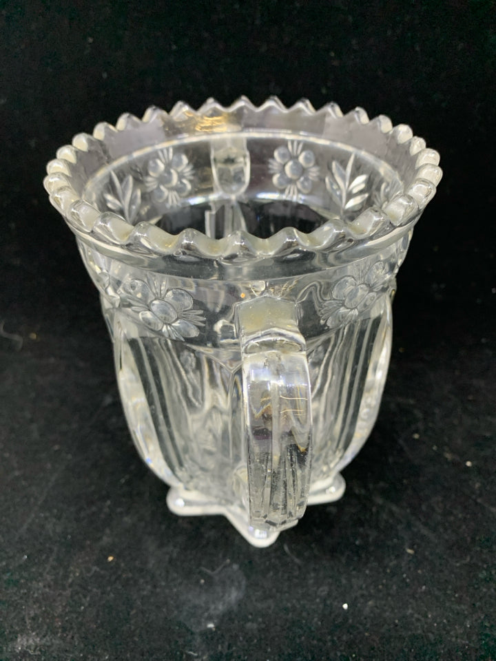 CUT GLASS VASE W/HANDLES ETCHED FLOWERS.