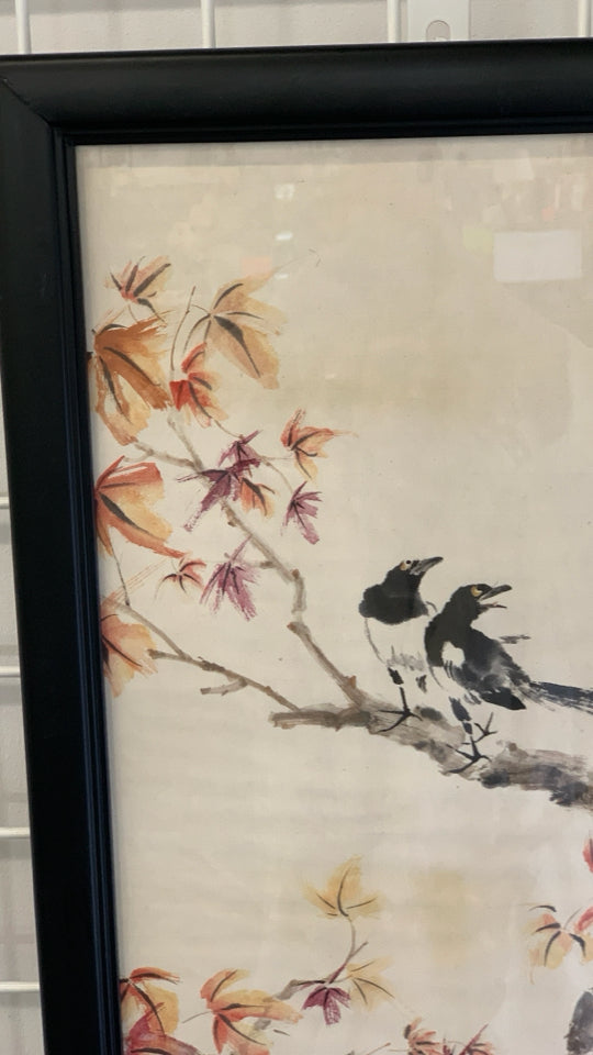 WATERCOLOR BIRDS ON LEAF BRANCH IN BLACK FRAME.