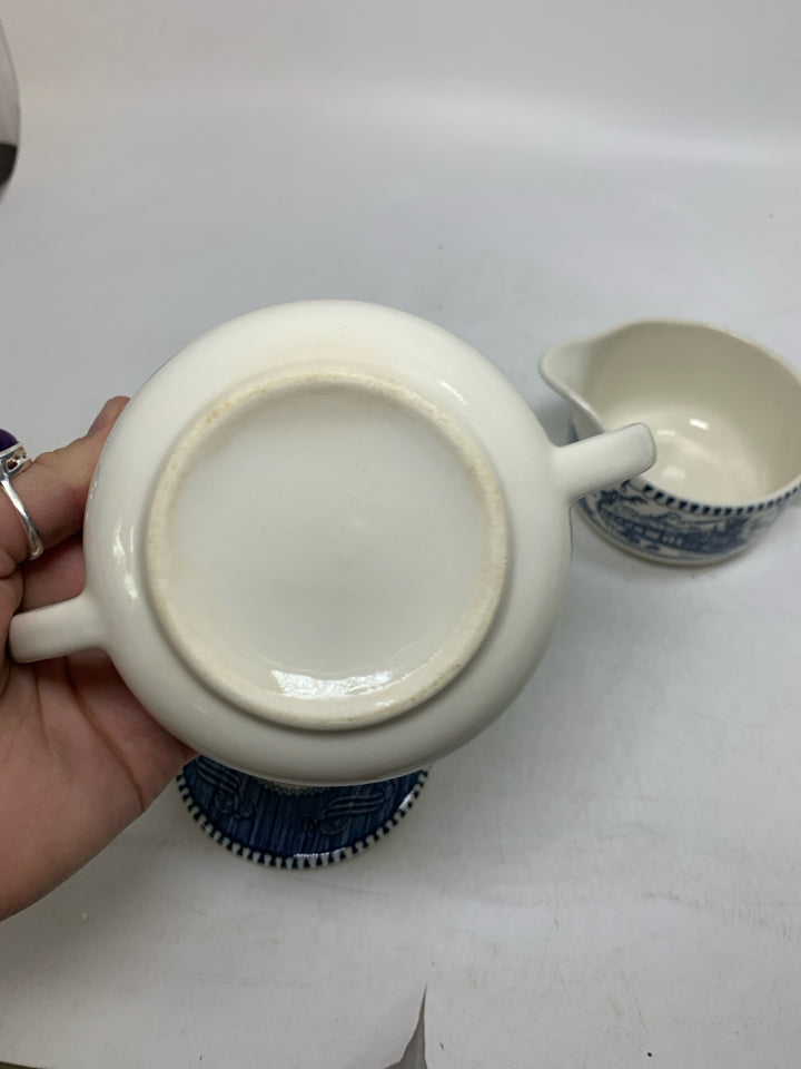 2 PC BLUE DETAILED STADIUM/TRAIN CREAMER/SUGAR BOWL.