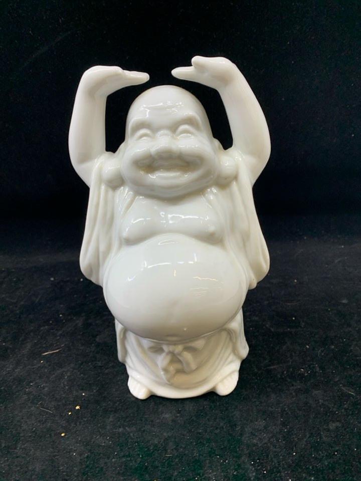 WHITE CERAMIC LUCKY BUDDHA FIGURINE.