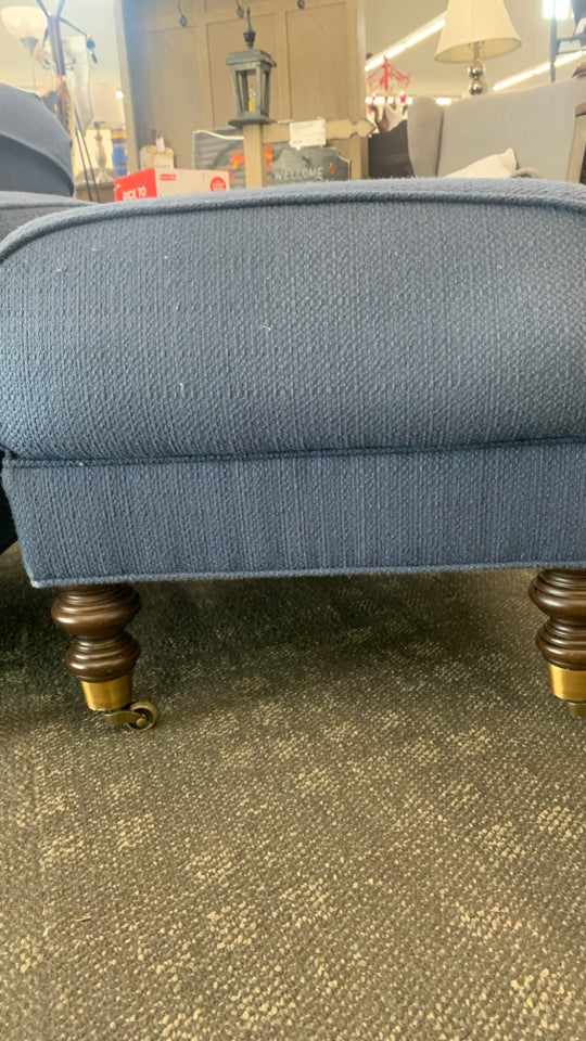 NAVY BLUE ACCENT CHAIR W/ OTTOMAN WHEELS.