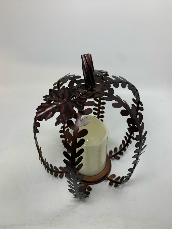 BROWN METAL PUMPKIN W/ FAUX BATTERY CANDLE.