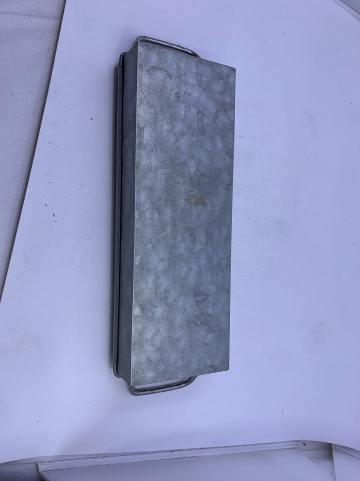 SKINNY GALVANIZED METAL TRAY W HANDLES.