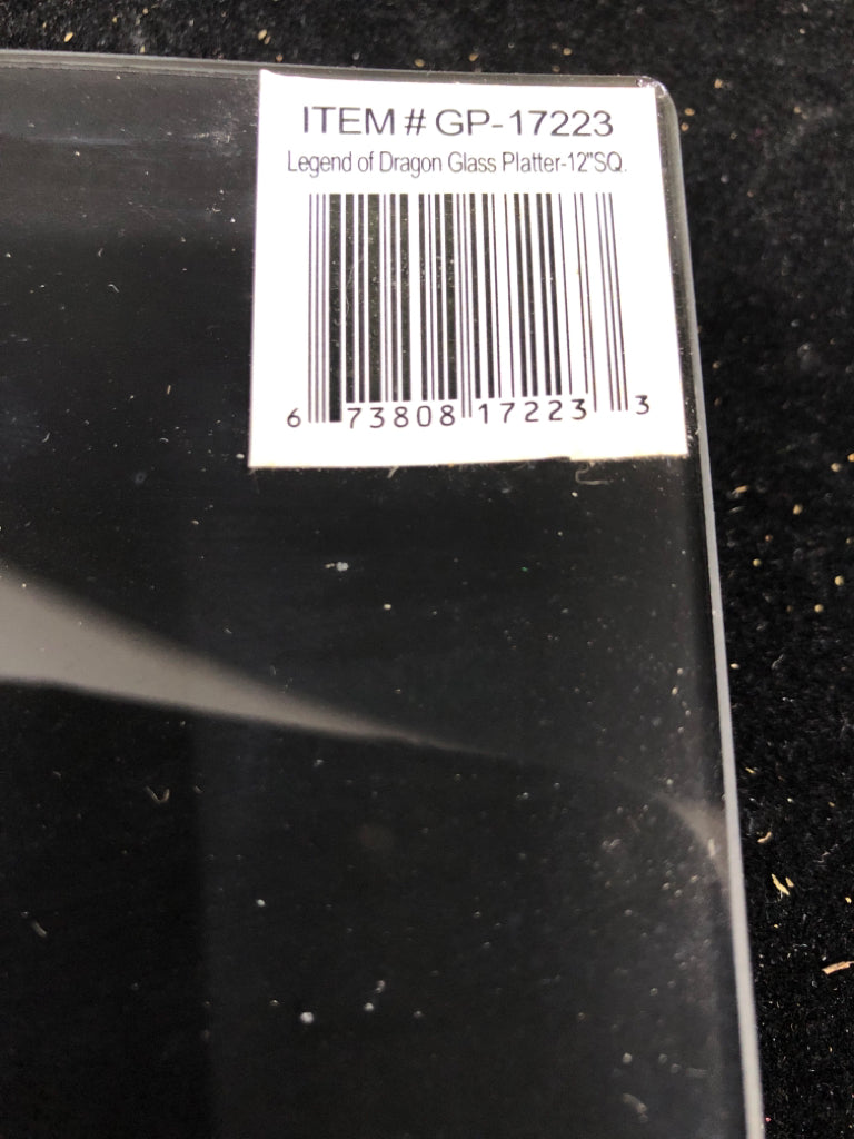 BLACK GLASS RED DRAGON SERVING PLATE.