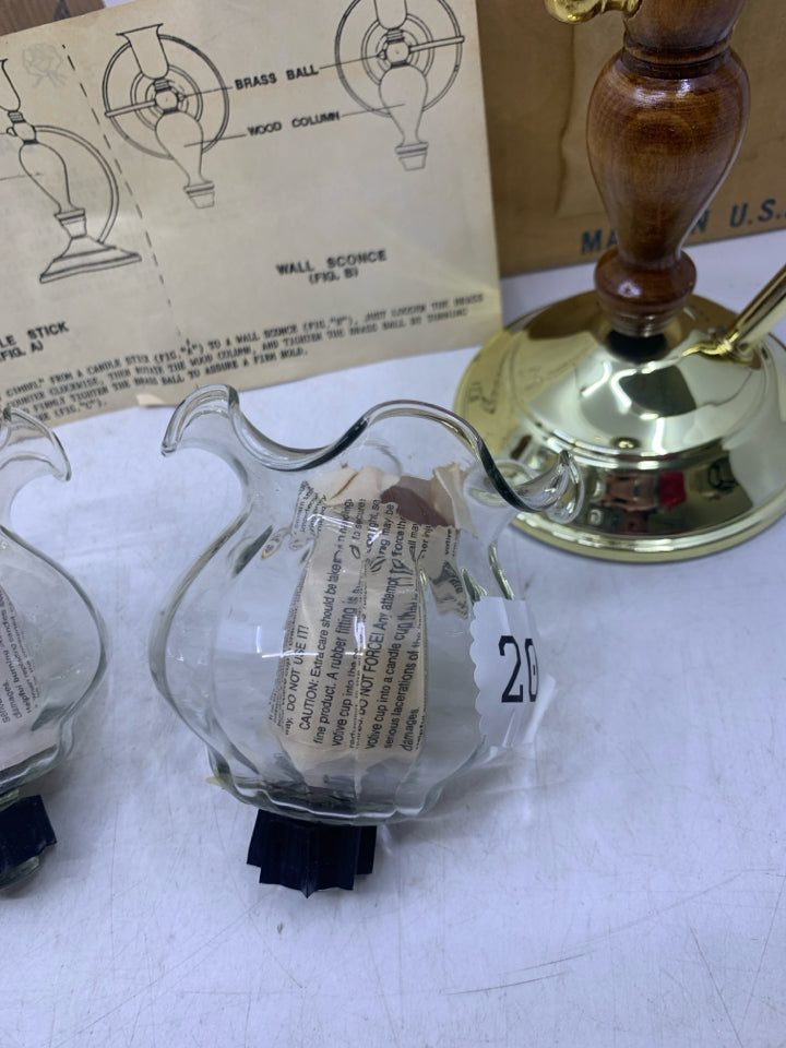 2 NIB WOOD/BRASS TEA LIGHT CANDLE WALL SCONCES W/ GLASS INSERTS.