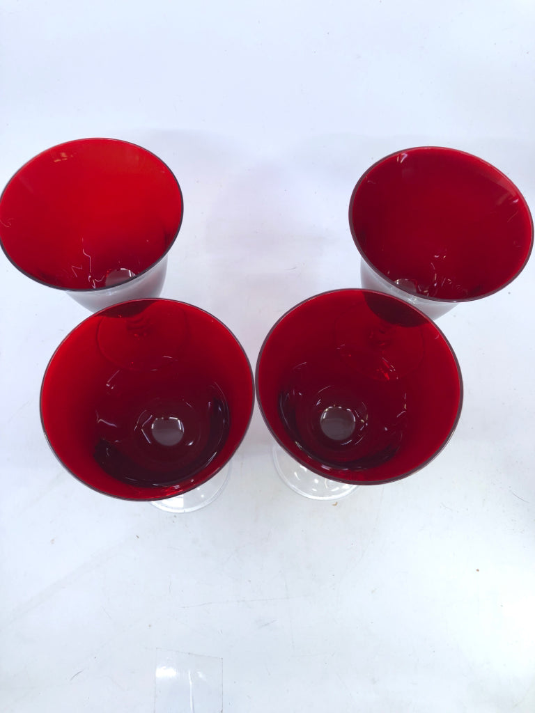4 RED FLARED WINE GOBLETS.