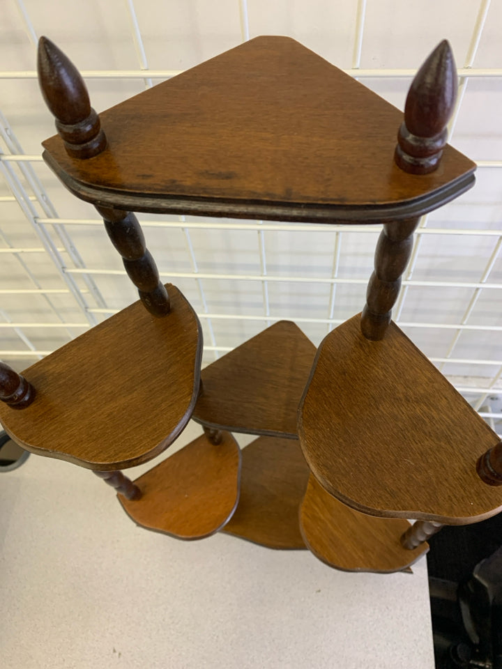 VTG DARK WOOD STANDING SMALL CORNER 7 SHELVES.