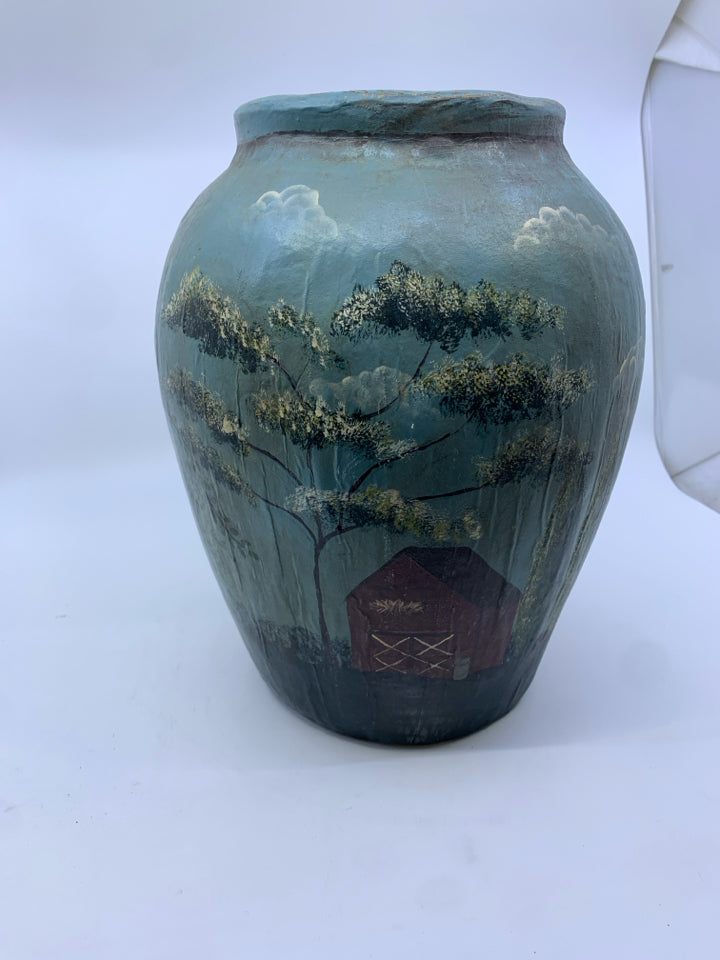 LARGE PAINTED COLONIAL BARN & HOUSE VASE.