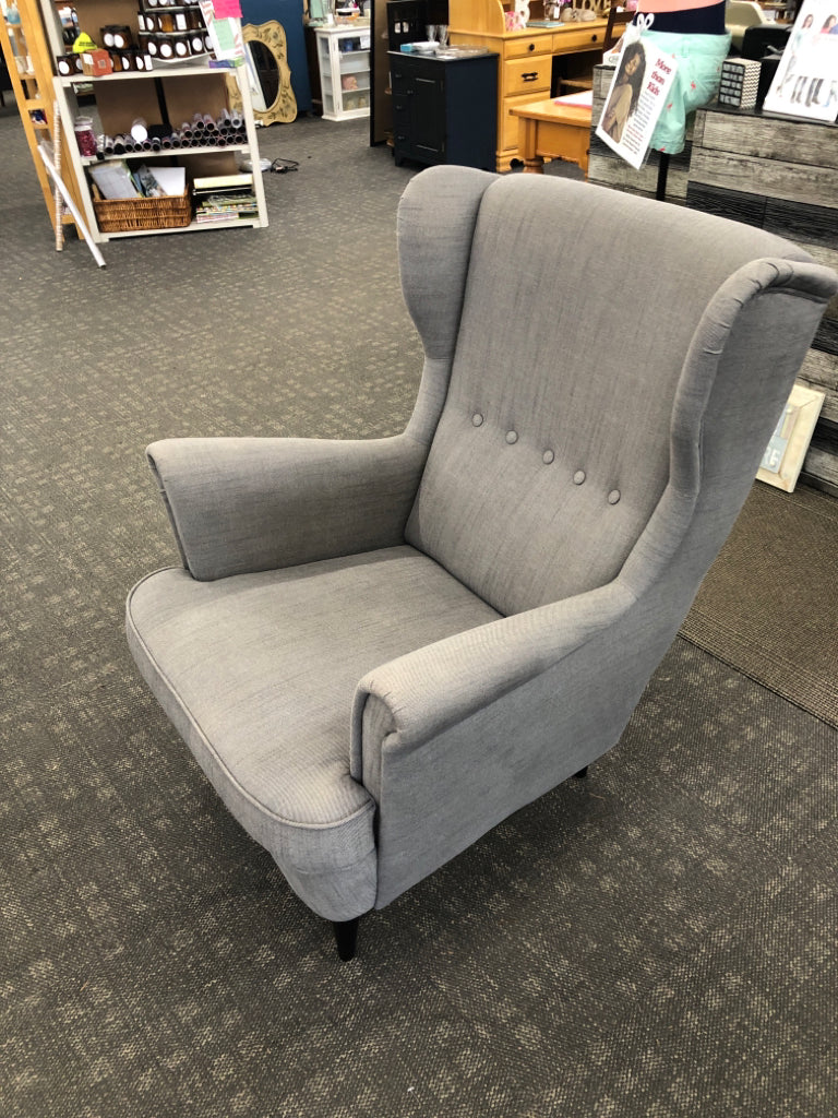 GREY ACCENT CHAIR W/ HIGH BACK IKEA.
