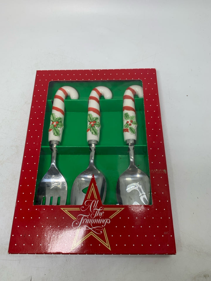 VTG IN BOX 3 PC CERAMIC CANDY CANE HANDLES HOSTESS SET.