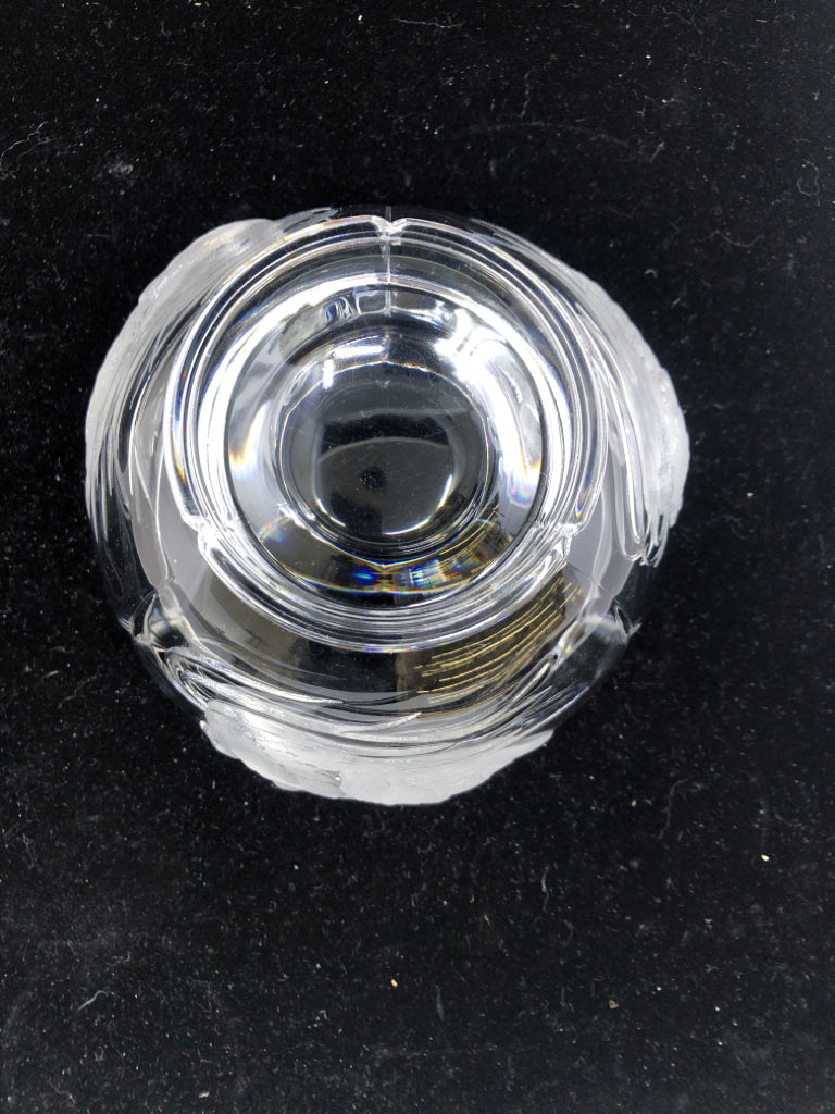 FOOTED GLASS CANDY DISH W/ EMBOSSED SWANS/ SCALLOP EDGE.