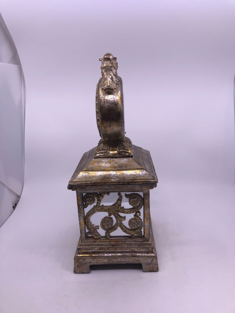DISTRESSED RESIN GOLD FOOTED STORAGE BOX W/ CLOCK ON COVER.
