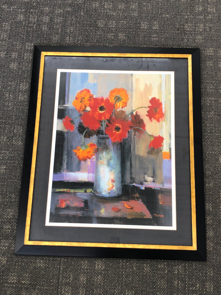 RED POPPIES PRINT IN BLACK FRAME.