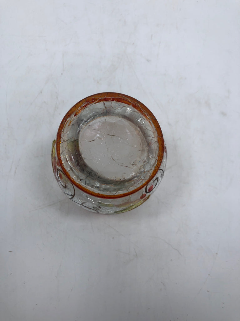 CRACKLE GLASS PAINTED LEAVES SMALL tea light holder.