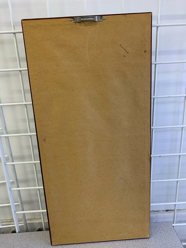 2 SANTAS IN CIRCLES GREEN WALL HANGING W/RED&GOLD FRAME.