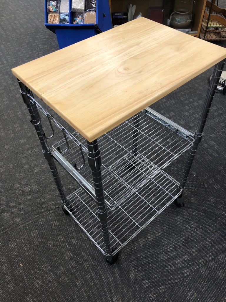 METAL BASE ROLLING CART W/ PULL OUT DRAWER W/ REMOVABLE WOOD TOP.