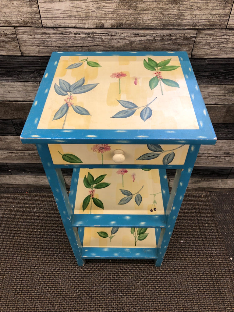 BLUE/WHITE FLORAL ONE DRAWER STAND.