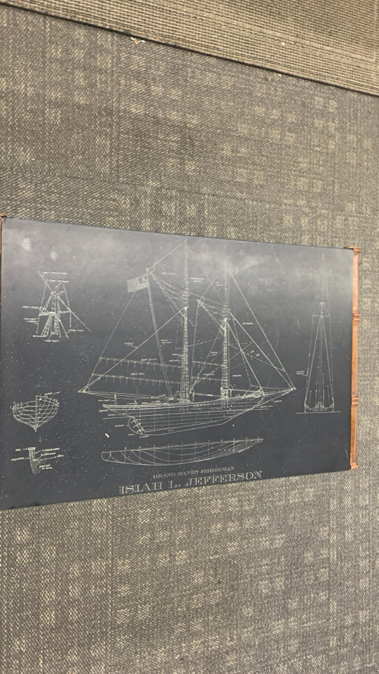 VTG HEAVY GRAND BANKS FISHERMAN SHIP-CARVED SLATE TABLE.