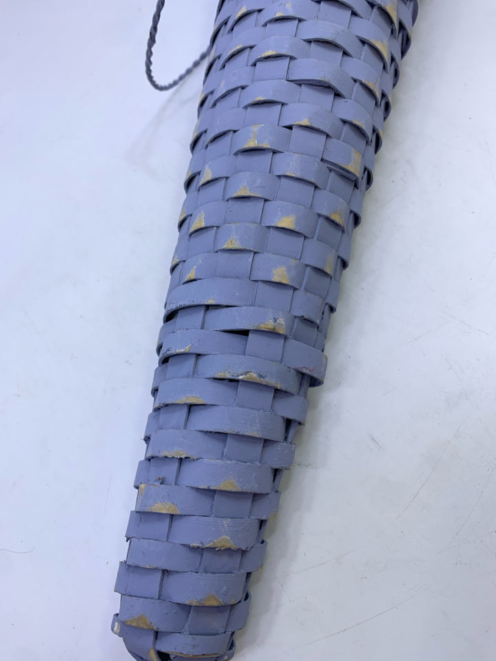 BLUE WICKER CONE BASKET HANGING.