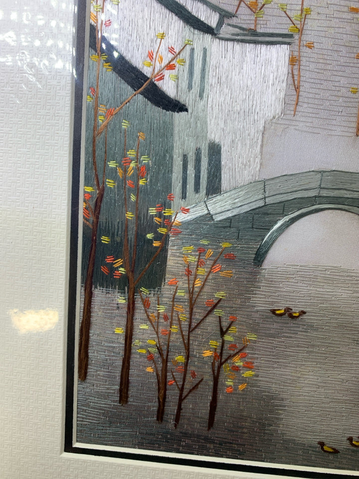 NIP SUZHOU SILK EMBROIDERY BRIDGE W/ BUILDINGS DUCKS AND FALL TREES.