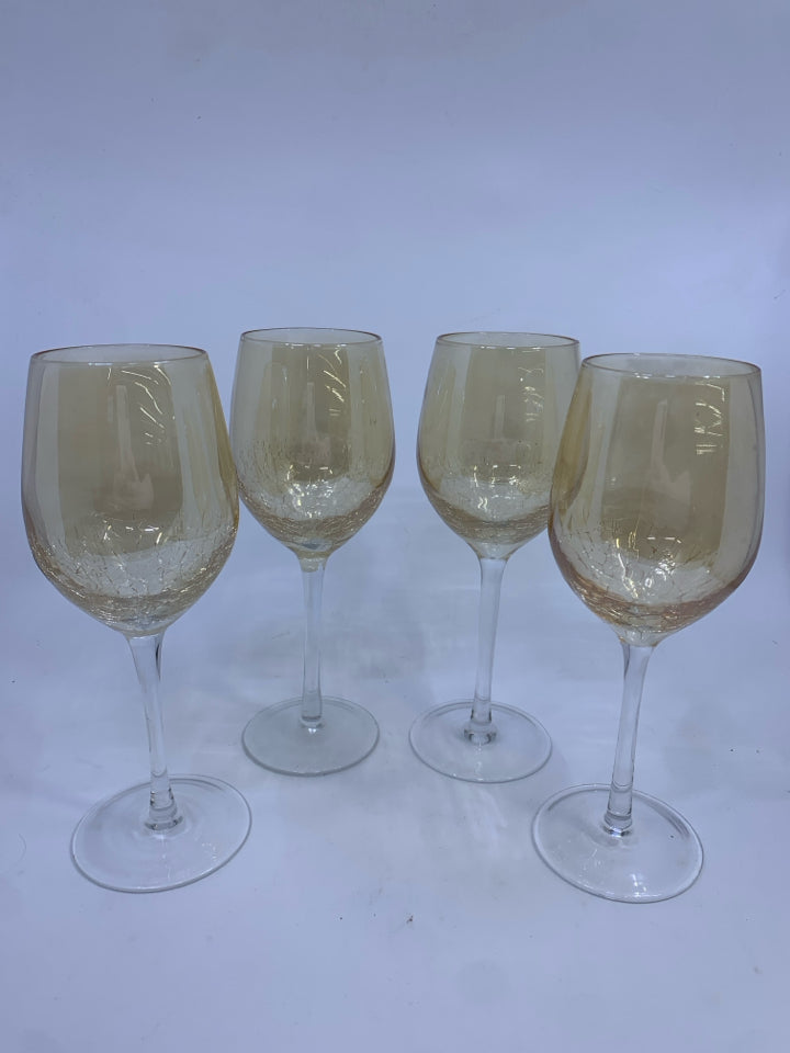 4 ORANGE CRACKLE GLASS WINE GLASSES.