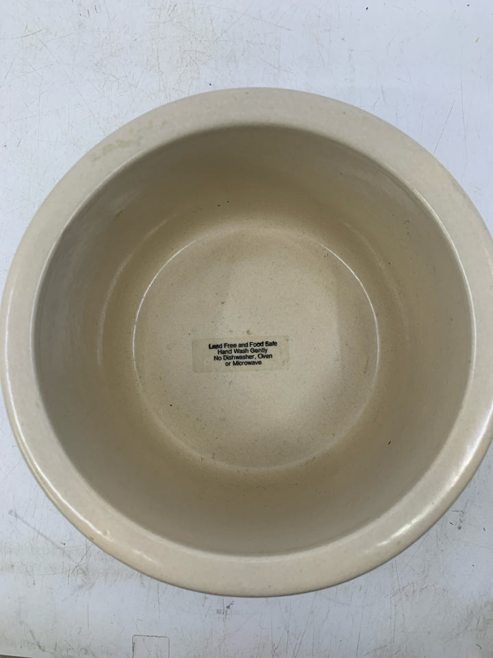 CROCK W/ PRIMITIVE STYLE HOUSES,TREES AND BARN.