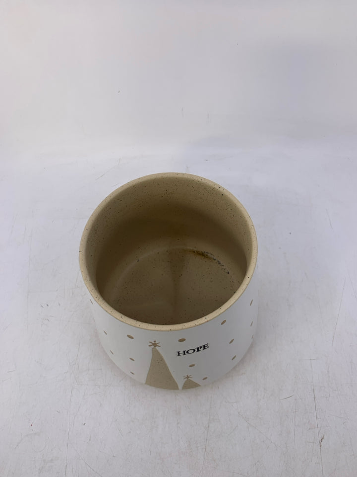 WHITE PLANTER W/ TAN SPECKLES CHRISTMAS TREE "HOPE".