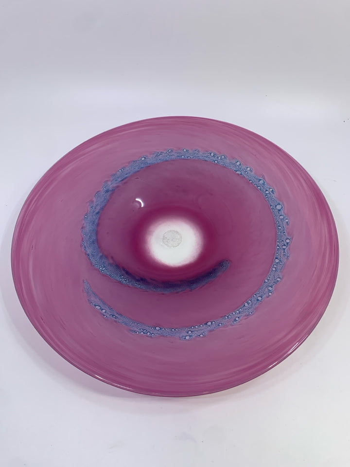 LARGE PURPLE BLOWN GLASS DECORATIVE BOWL.