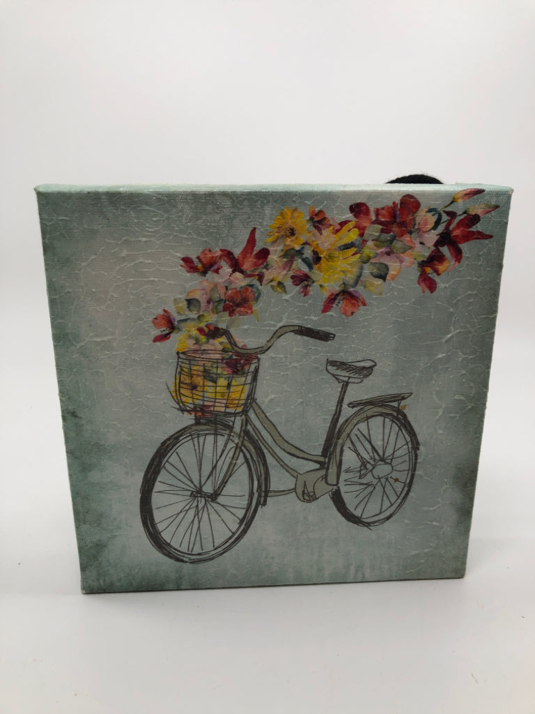 MINI BICYCLE W FLOWERS ON CANVAS.