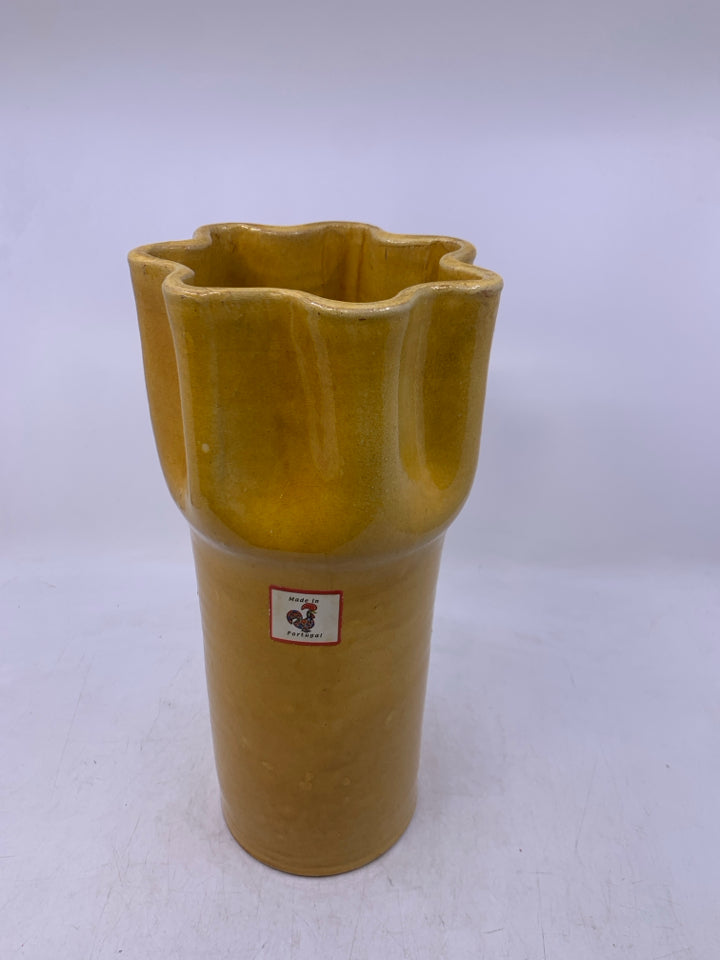 HEAVY TERRA COTTA MUSTARD YELLOW VASE.