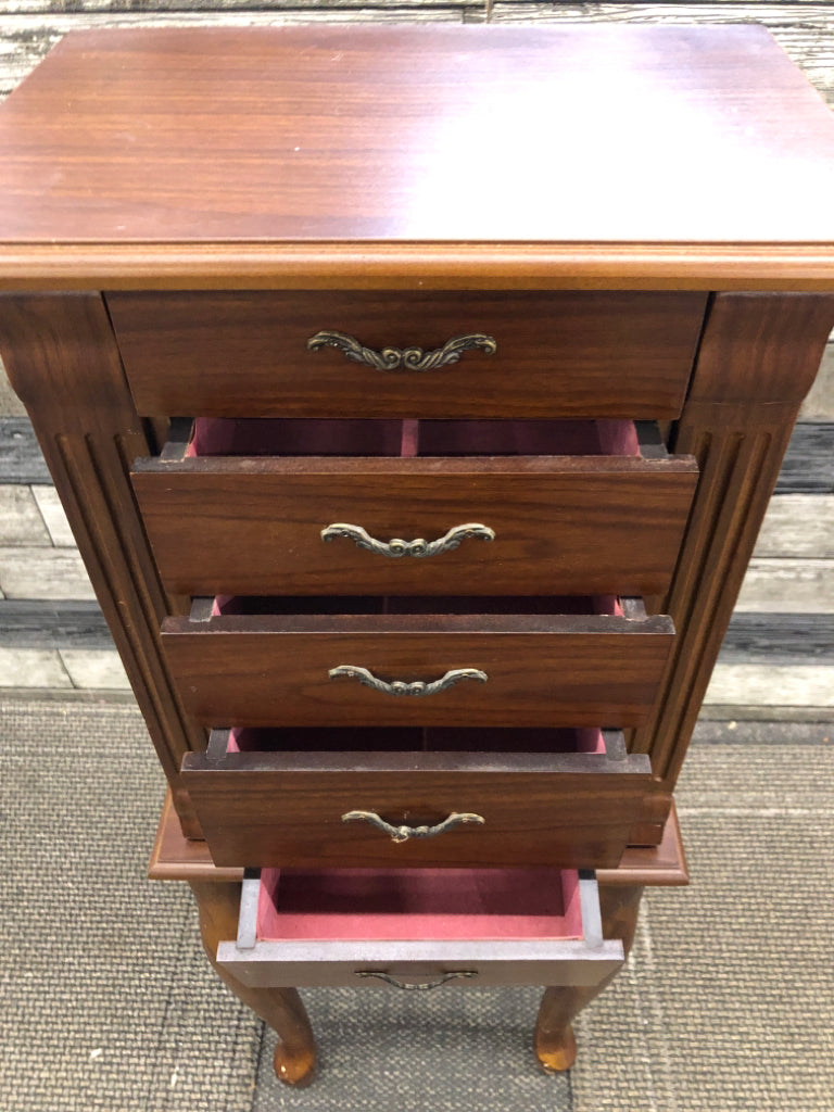DK WOOD JEWELRY ARMOIRE W/FLIP LID 4 DRAWERS *MINOR WEAR.