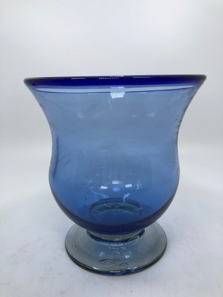 BLUE GLASS HURRICANE VASE.