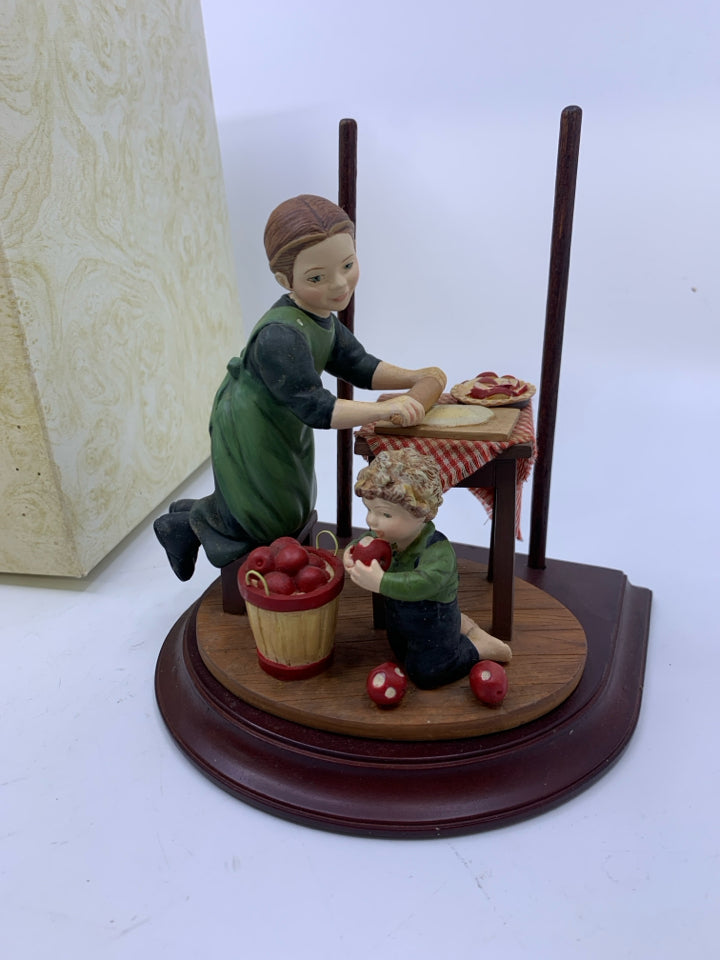 WOMAN MAKING PIES + QUILT.