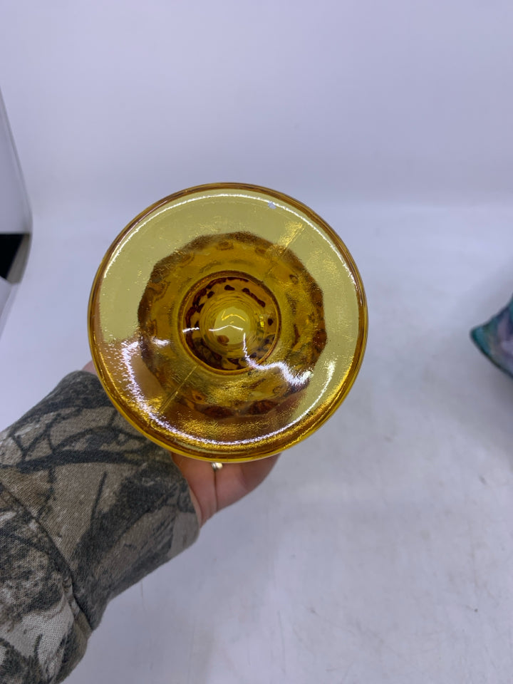 TEXTURED AMBER GLASS FOOTED VASE.