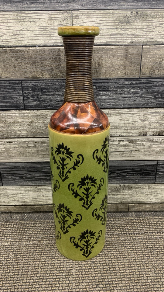 TALL GREEN/BROWN HEAVY CERAMIC VASE W/RIBBED NECK.