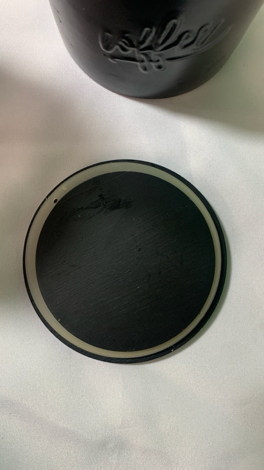 COFFEE CANISTER W BLACK LID.