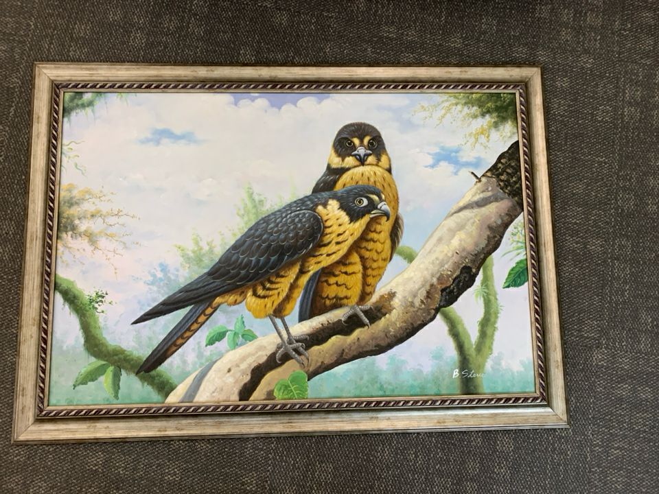 FALCONS ON BRANCH FRAMED PAINTING.