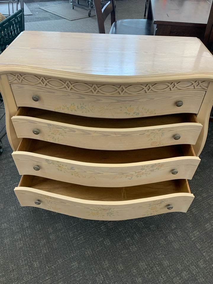 VTG PALE BLONDE DRESSER W 4 DRAWERS AND FLORAL -LEXINGTON.