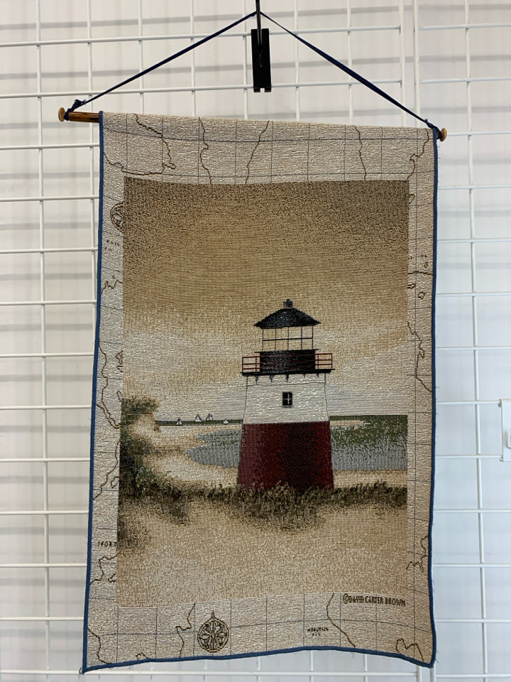 LIGHTHOUSE THEMED HANGING TAPESTRY ON BEIGE MAP.