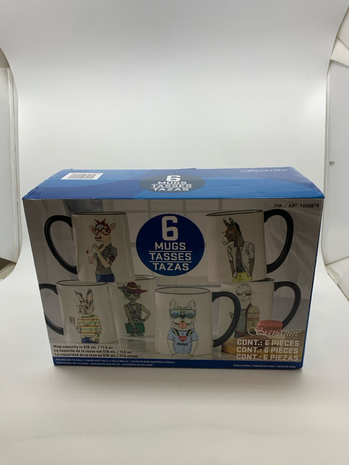 NIB 6 ANIMAL ART MUGS.