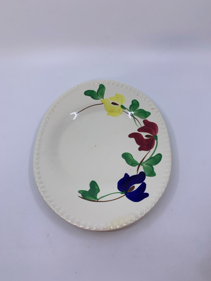 VTG IVORY PLATTER W/ YELLOW/RED/BLUE FLOWERS W/ BEADED EDGE.