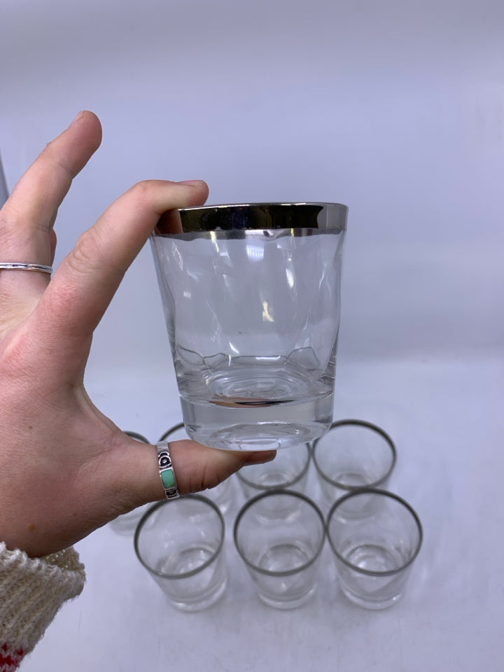 VTG 8 SILVER RIM SHORT GLASSES.