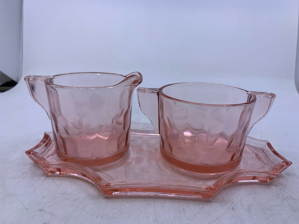 VTG 3 PC PINK GLASS W/ ETCHED FLOWERS.