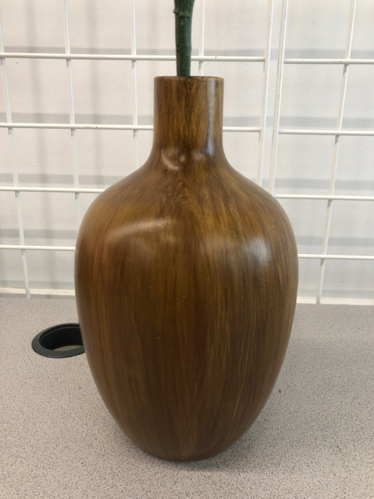WHITE CLOTH FLOWER IN WOOD VASE.