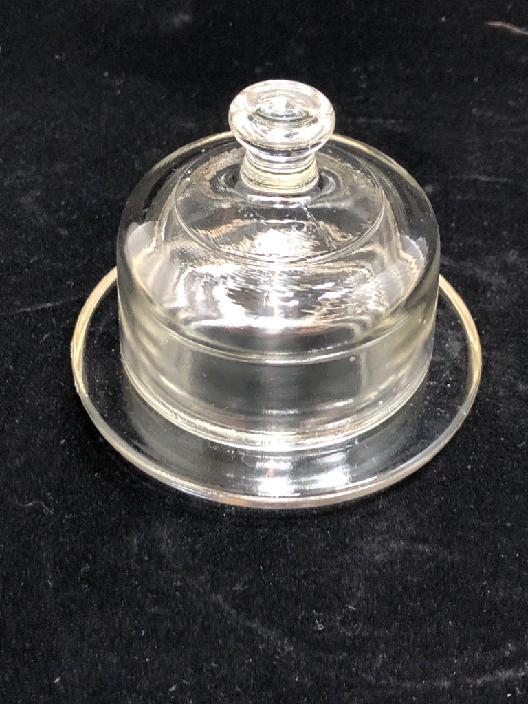 CLEAR GLASS DOME BUTTER DISH.